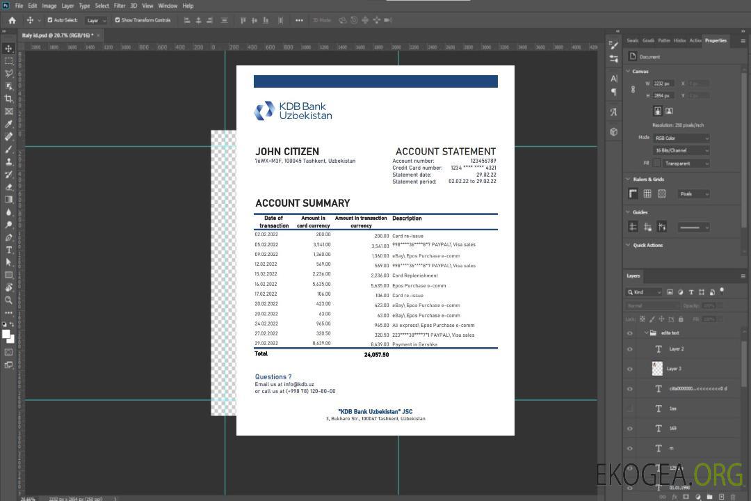 Relevé bancaire de la KDB d'Ouzbékistan template Relevé bancaire de la KDB d'Ouzbékistan template
